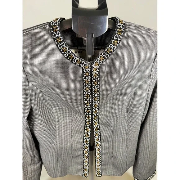 WD-Platinum Beaded Houndstooth Blazer Jacket Black White Size 12 Leopard Lining - Picture 2 of 8